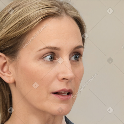 Neutral white young-adult female with medium  brown hair and blue eyes