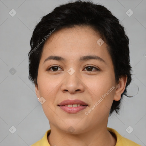 Joyful asian young-adult female with short  brown hair and brown eyes