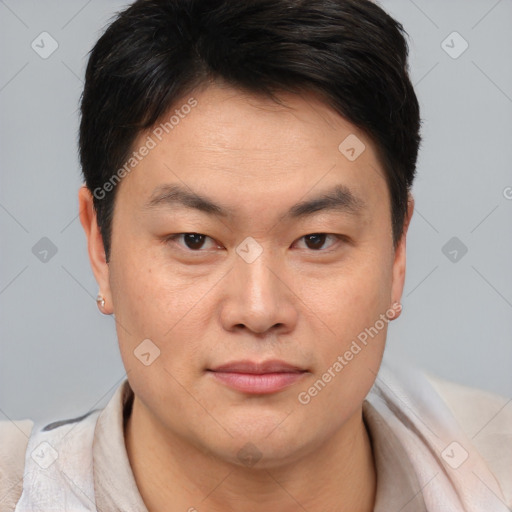 Joyful asian young-adult male with short  brown hair and brown eyes