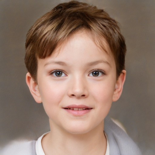 Joyful white child female with short  brown hair and brown eyes