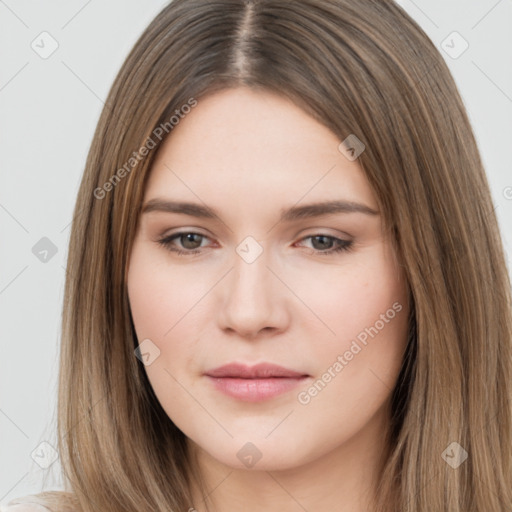 Neutral white young-adult female with long  brown hair and brown eyes