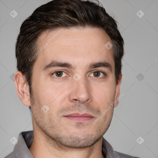 Neutral white adult male with short  brown hair and brown eyes