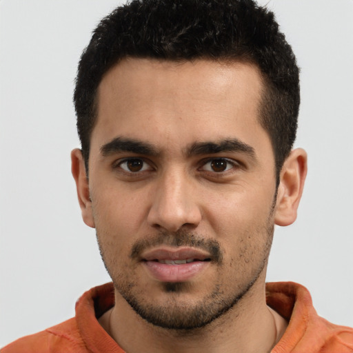 Neutral white young-adult male with short  black hair and brown eyes