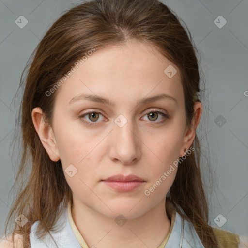 Neutral white young-adult female with medium  brown hair and grey eyes