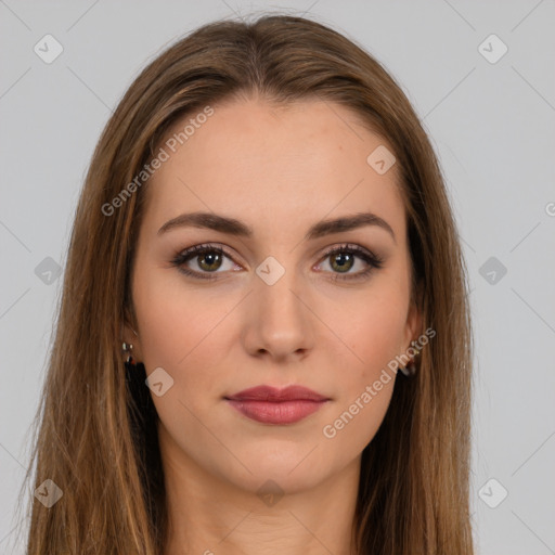 Neutral white young-adult female with long  brown hair and brown eyes