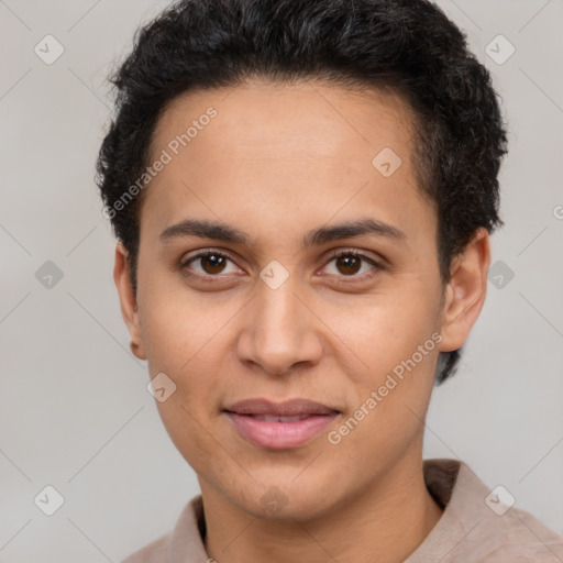 Joyful latino young-adult female with short  brown hair and brown eyes