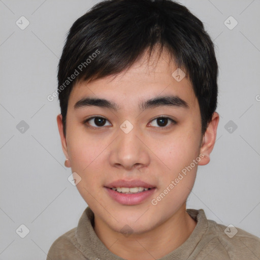 Joyful asian young-adult male with short  brown hair and brown eyes