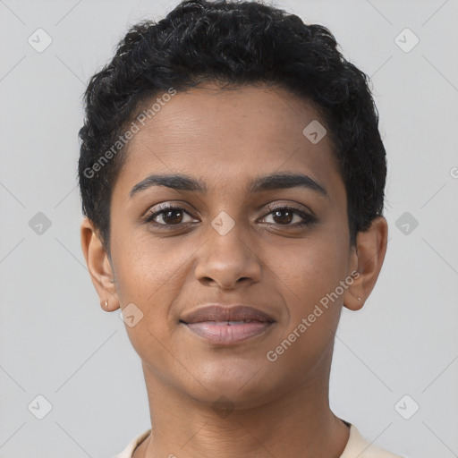 Joyful latino young-adult female with short  brown hair and brown eyes