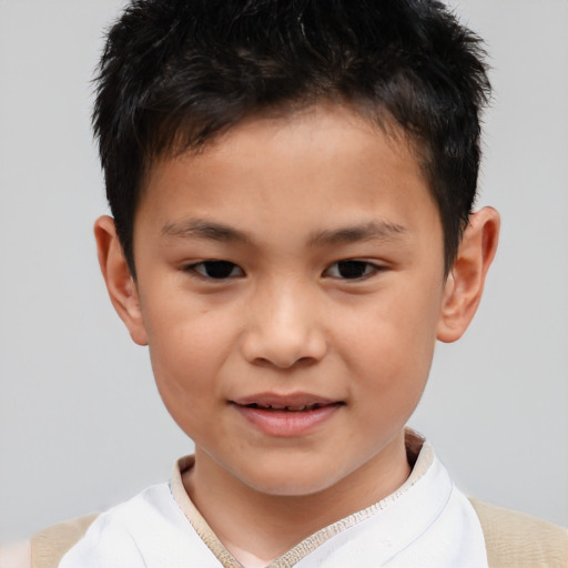 Joyful asian child male with short  brown hair and brown eyes