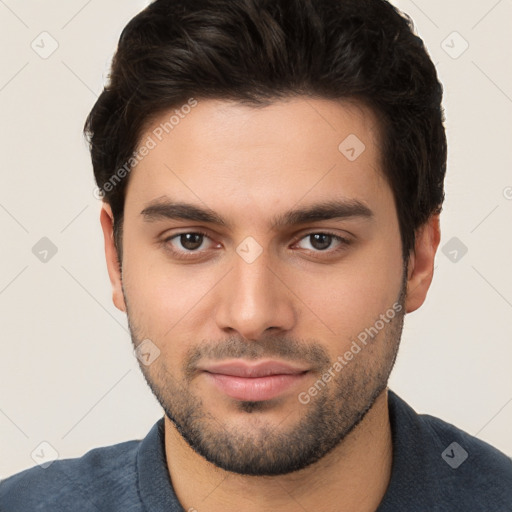 Neutral white young-adult male with short  brown hair and brown eyes