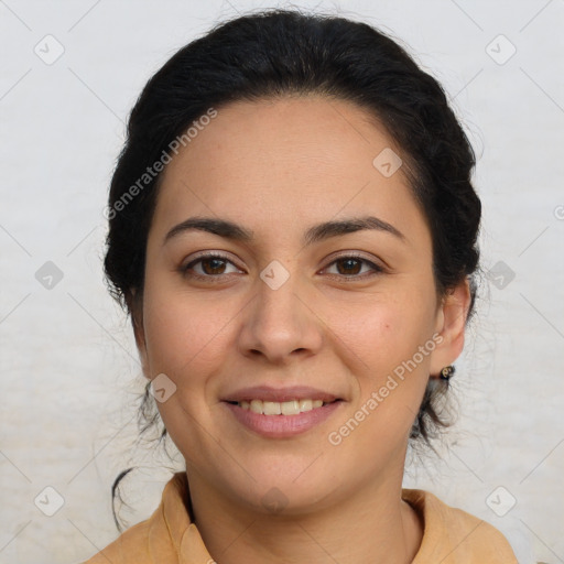 Joyful latino young-adult female with medium  brown hair and brown eyes