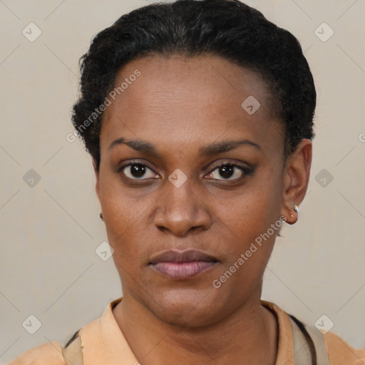 Neutral black young-adult female with short  black hair and brown eyes