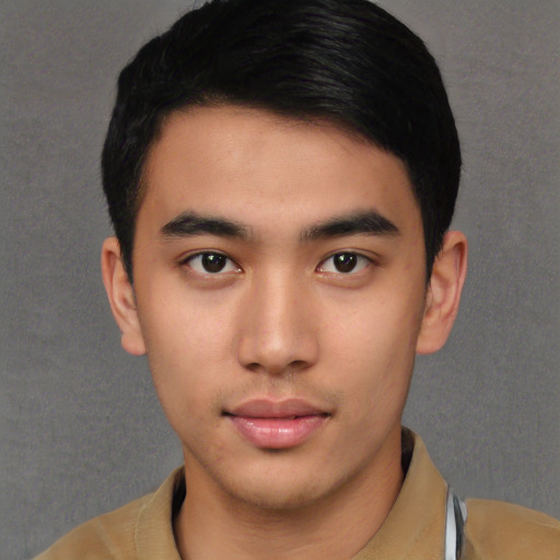 Neutral asian young-adult male with short  black hair and brown eyes