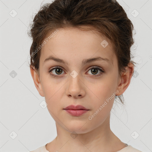 Neutral white young-adult female with short  brown hair and brown eyes