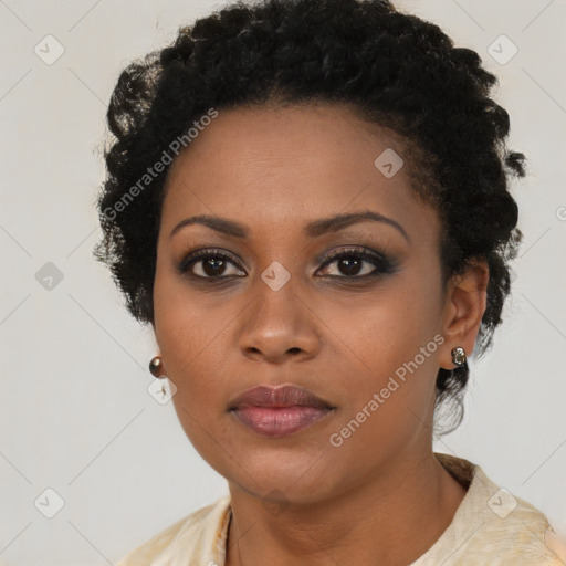 Neutral black young-adult female with short  black hair and brown eyes