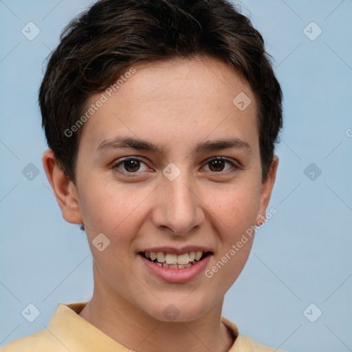 Joyful white young-adult female with short  brown hair and brown eyes