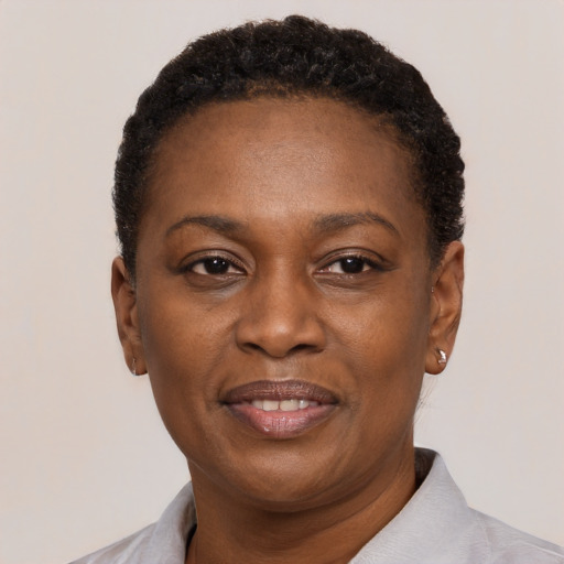 Joyful black adult female with short  black hair and brown eyes