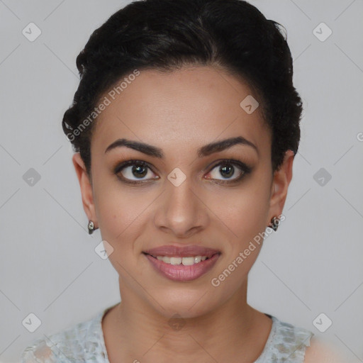 Joyful latino young-adult female with short  brown hair and brown eyes