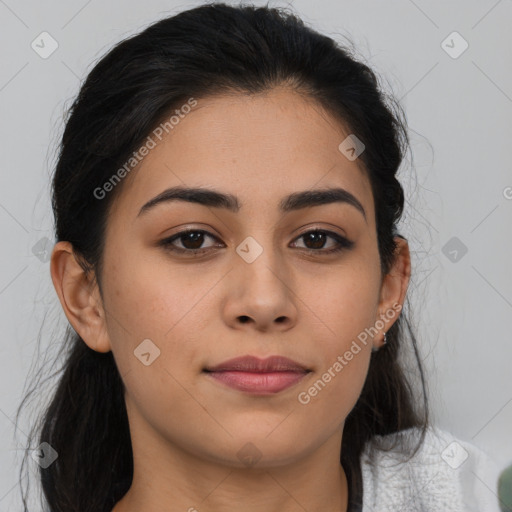 Joyful latino young-adult female with medium  brown hair and brown eyes