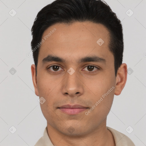 Neutral latino young-adult male with short  black hair and brown eyes