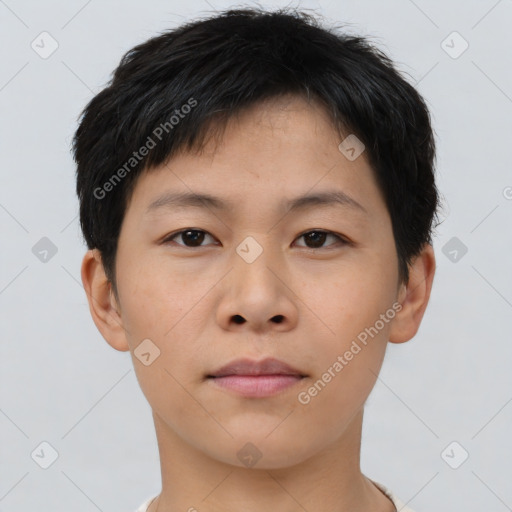 Neutral asian young-adult male with short  brown hair and brown eyes