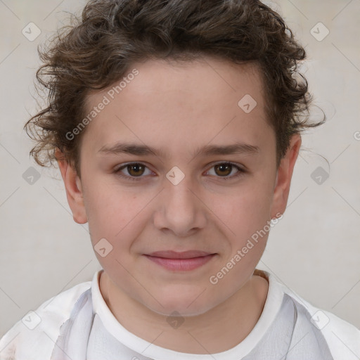 Joyful white child female with short  brown hair and brown eyes