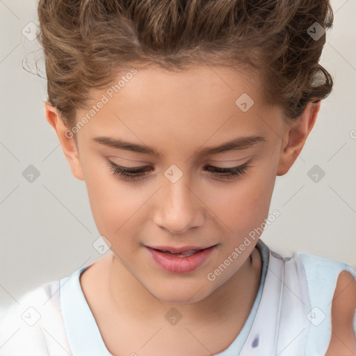 Joyful white child female with short  brown hair and brown eyes