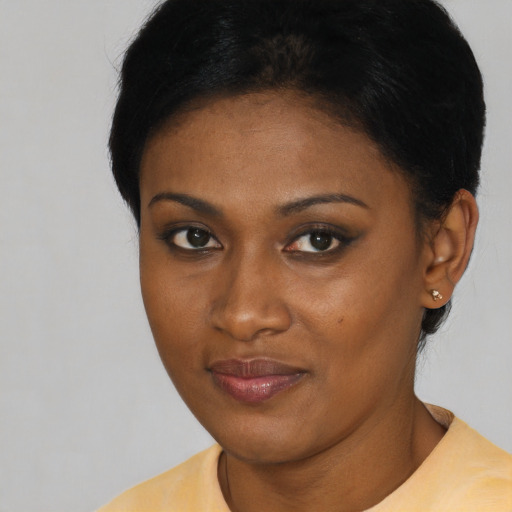 Neutral latino young-adult female with short  black hair and brown eyes