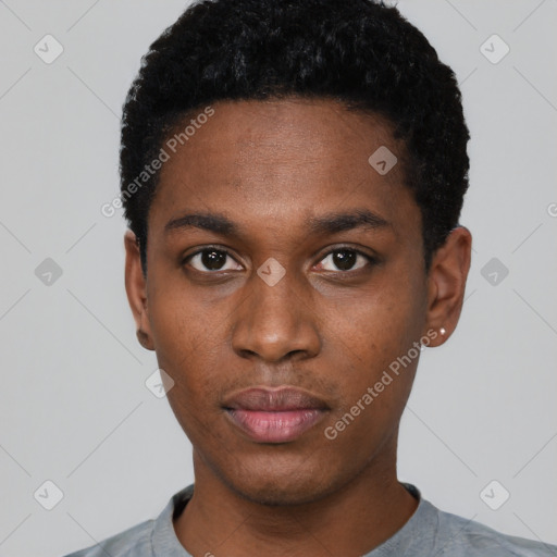 Neutral black young-adult male with short  black hair and brown eyes