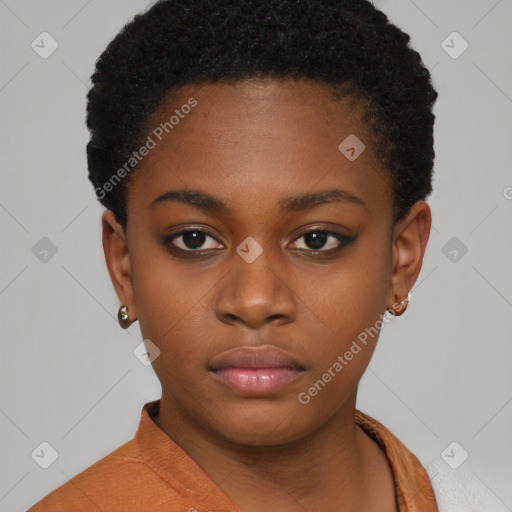 Neutral black young-adult female with short  black hair and brown eyes