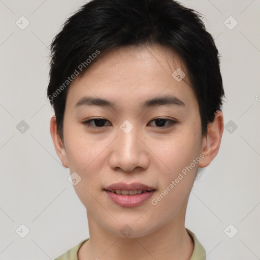 Joyful asian young-adult female with short  brown hair and brown eyes