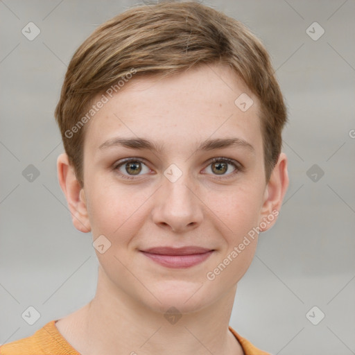 Joyful white young-adult female with short  brown hair and grey eyes