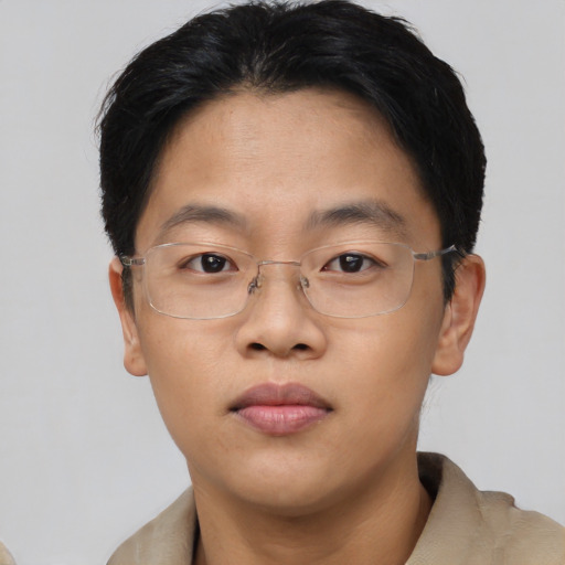 Neutral asian young-adult male with short  brown hair and brown eyes