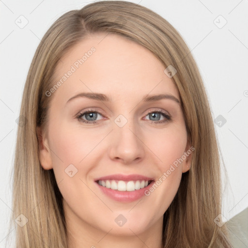 Joyful white young-adult female with long  brown hair and grey eyes