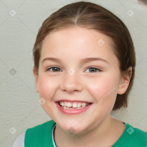 Joyful white child female with short  brown hair and brown eyes