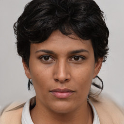 Neutral asian young-adult female with short  brown hair and brown eyes