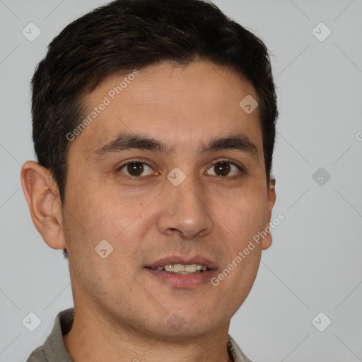 Joyful white young-adult male with short  brown hair and brown eyes