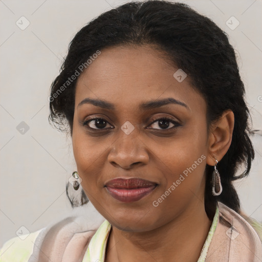 Joyful black young-adult female with medium  brown hair and brown eyes