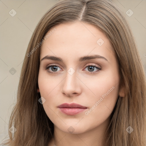 Neutral white young-adult female with long  brown hair and brown eyes