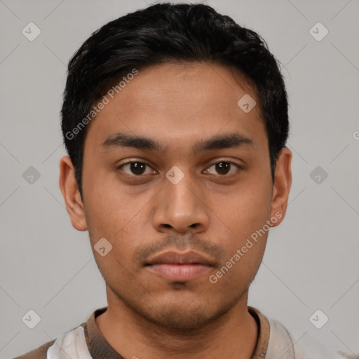 Neutral asian young-adult male with short  black hair and brown eyes