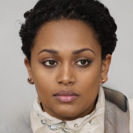 Neutral black young-adult female with short  black hair and brown eyes