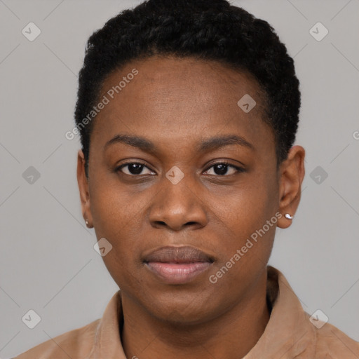 Neutral black young-adult female with short  black hair and brown eyes