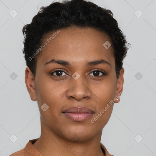 Joyful latino young-adult female with short  brown hair and brown eyes