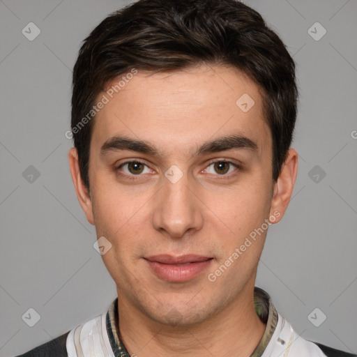 Neutral white young-adult male with short  brown hair and brown eyes