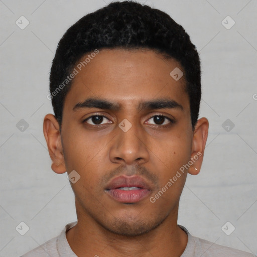 Neutral latino young-adult male with short  black hair and brown eyes
