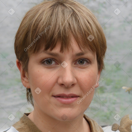 Joyful white adult female with medium  brown hair and grey eyes