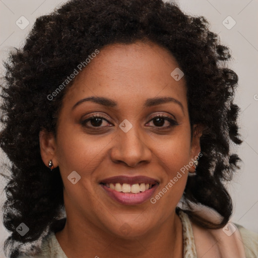 Joyful black young-adult female with long  brown hair and brown eyes