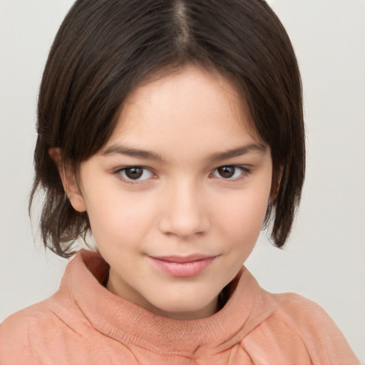 Joyful white child female with medium  brown hair and brown eyes