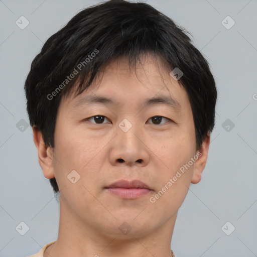 Neutral asian young-adult male with short  brown hair and brown eyes