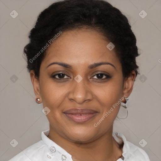 Joyful latino adult female with short  brown hair and brown eyes